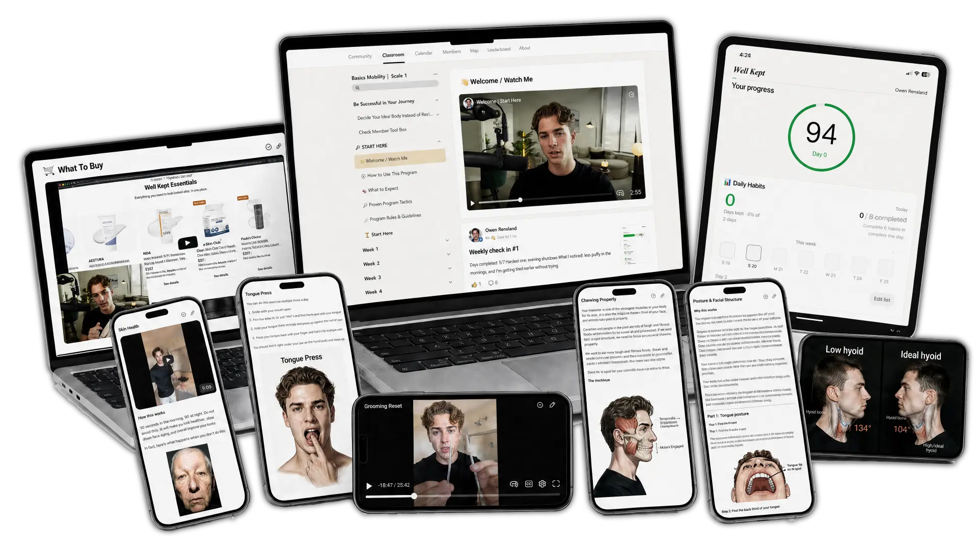 Well Kept lessons, community, and progress tracker shown across devices